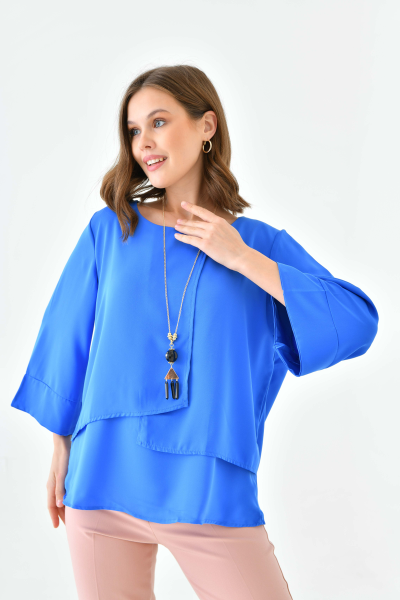 Oversized Fit 3/4 Sleeve Asymmetric Layered Blouse in Indigo with Necklace