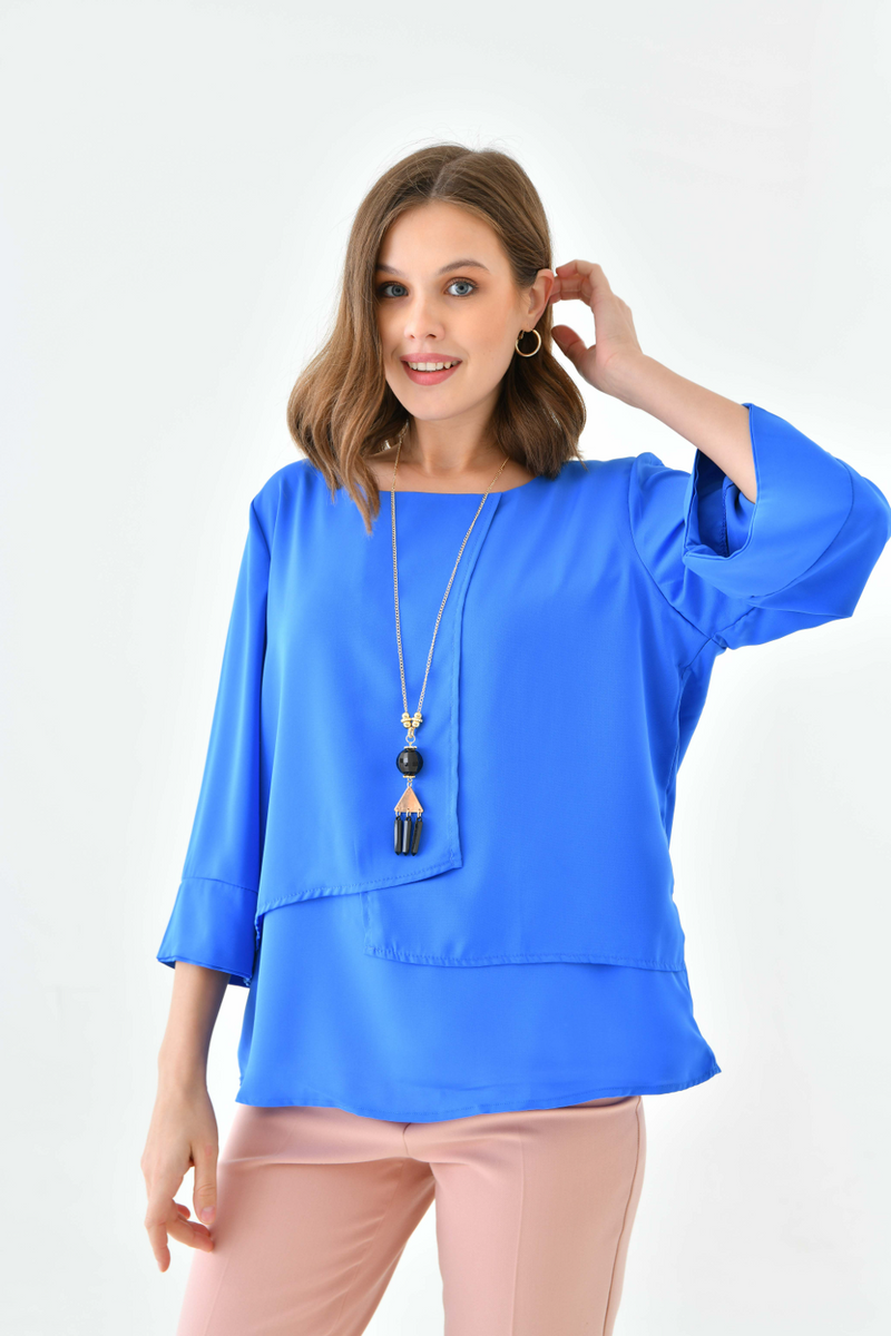 Oversized Fit 3/4 Sleeve Asymmetric Layered Blouse in Indigo with Necklace