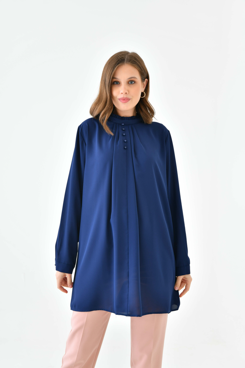 Oversized Long Sleeve Button Detailed Tunic Top in Navy