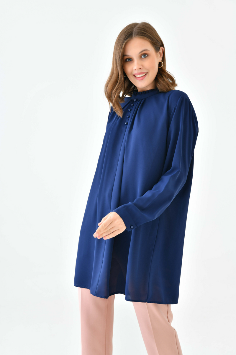 Oversized Long Sleeve Button Detailed Tunic Top in Navy