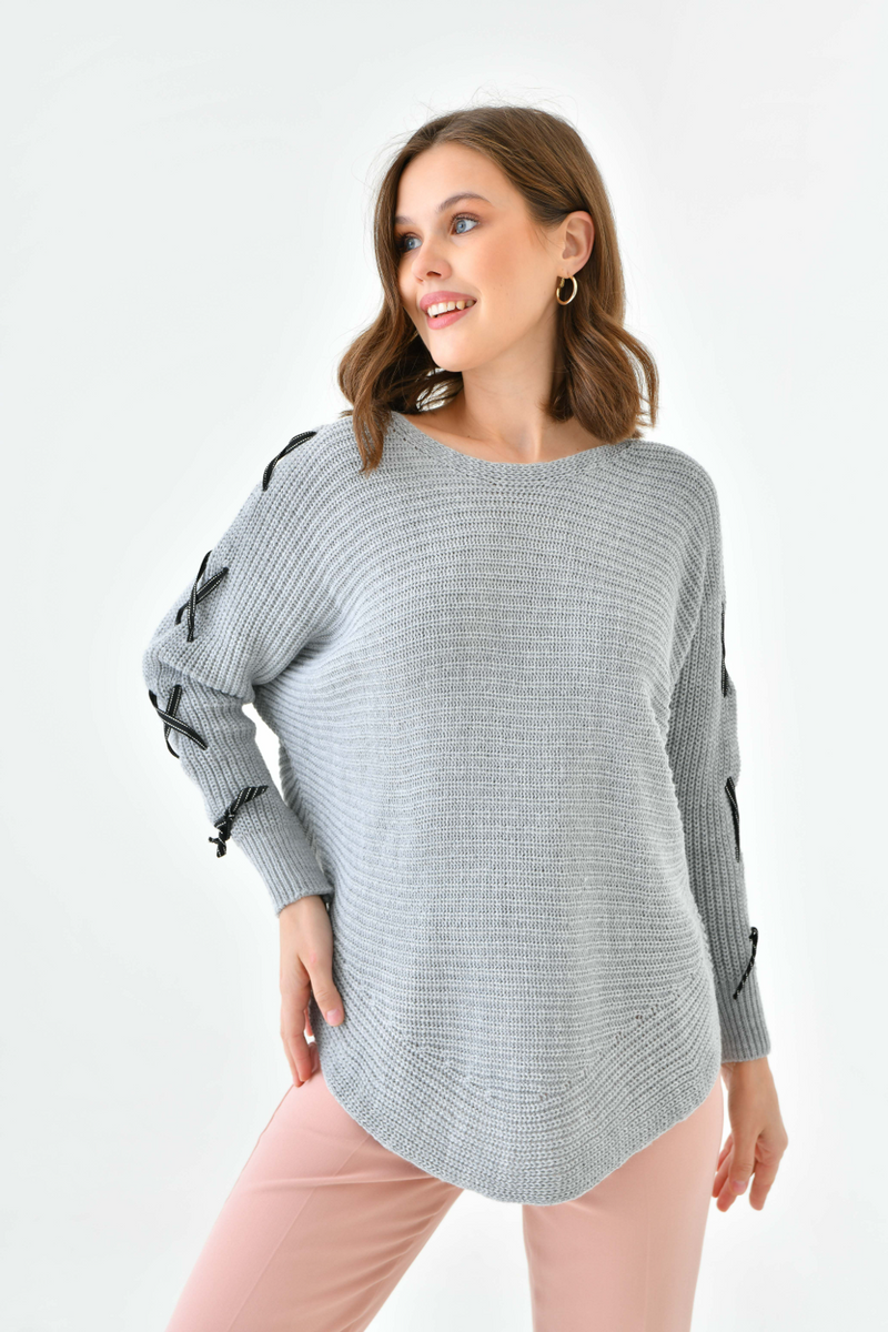 Oversized Long Sleeve Knitted Jumper with Ribbon Details in Grey