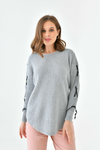 Oversized Long Sleeve Knitted Jumper with Ribbon Details in Grey