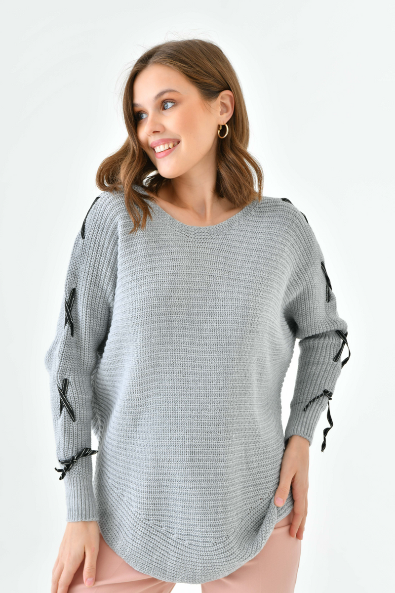 Oversized Long Sleeve Knitted Jumper with Ribbon Details in Grey