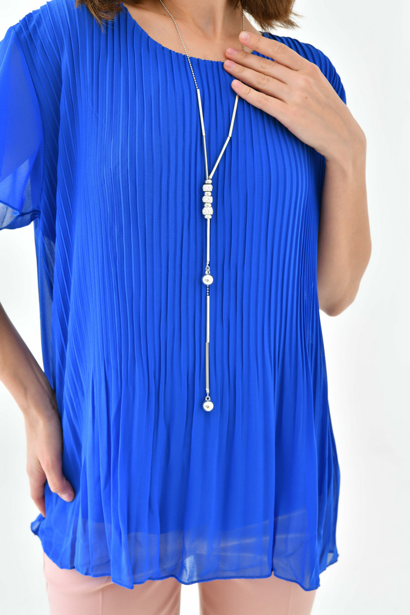 Oversized Round Neck Short Sleeve Pleated Blouse in Blue with Necklace