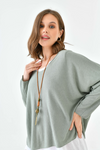 Oversized Long Sleeve Layered Blouse With Necklace in Green and White