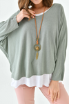 Oversized Long Sleeve Layered Blouse With Necklace in Green and White