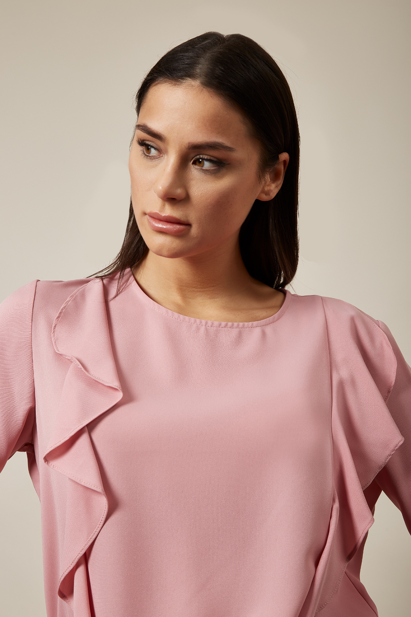 Oversized Blouse Top with Ruffle Front Details in Pink