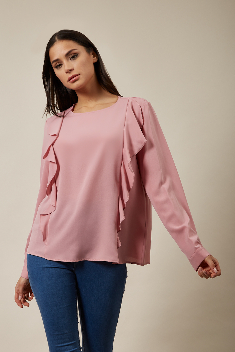 Oversized Blouse Top with Ruffle Front Details in Pink