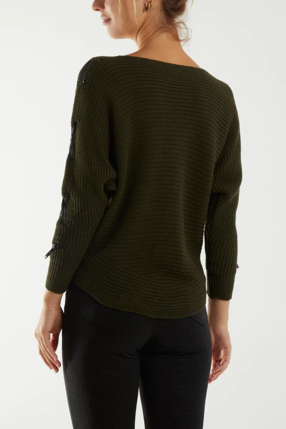 Oversized Knitted Long Sleeves Jumper with Ribbon Details in Khaki