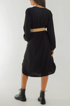 Loose Fit Long Sleeves V Neck Midi Dress with Matching Belt in Black