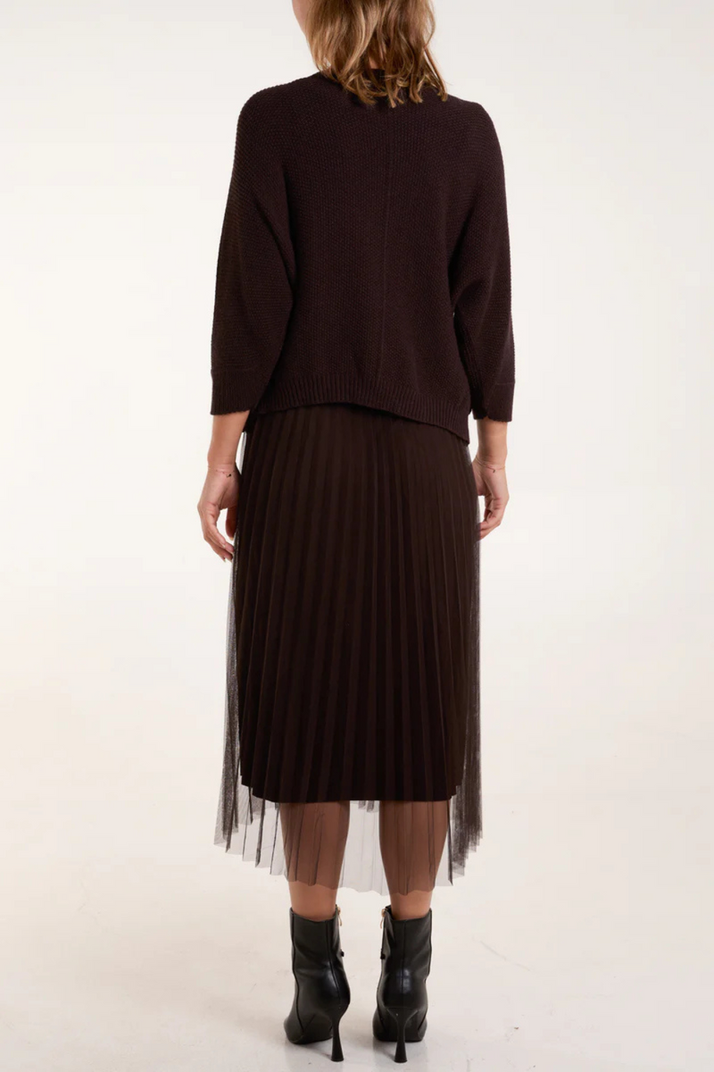 Relaxed Fit Layered Knit and Pleated Dress Set in Mocha