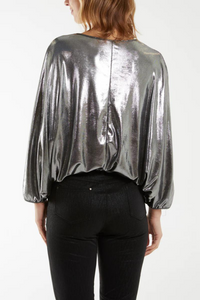 Long Sleeve Metallic Round Neck Bubble Hem Top in Silver