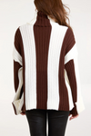 Oversized Roll Neck Detailed Vertical Striped Jumper in Brown and White