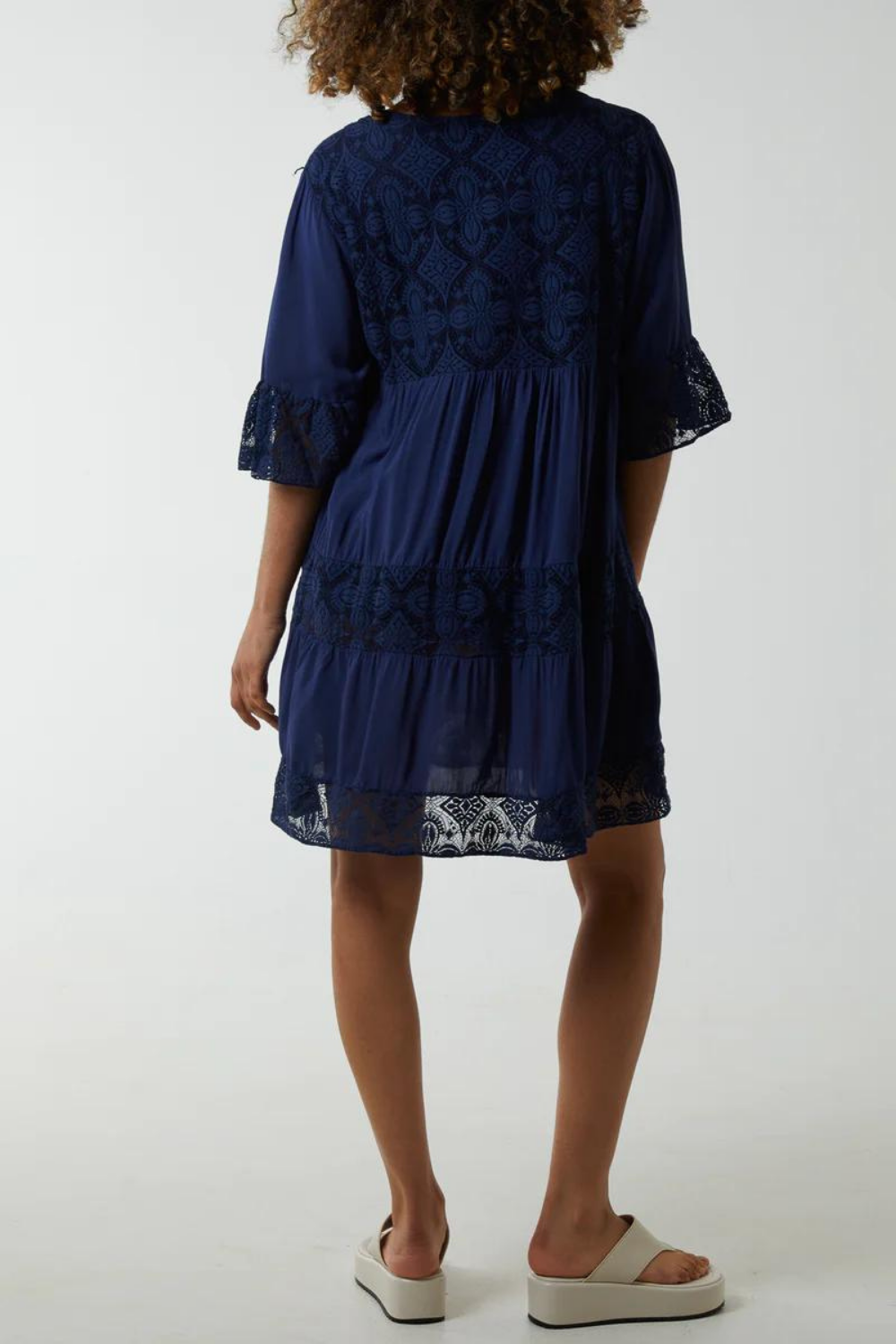 Oversized 3/4 Sleeves Lace Detailed V Neck Mini Dress in Navy
