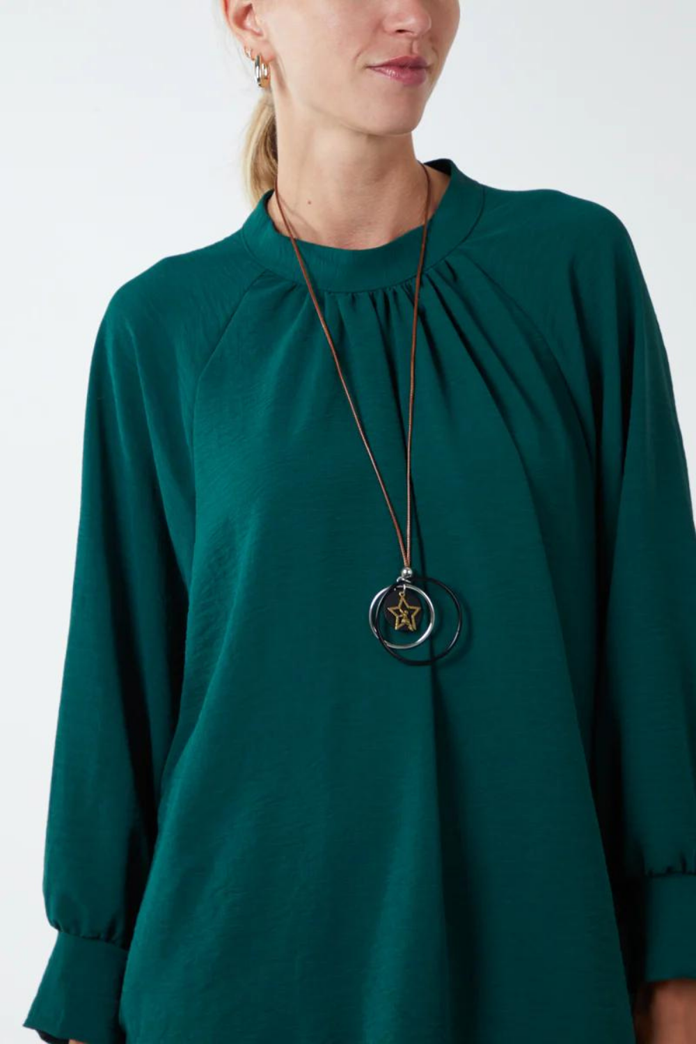 Oversized Batwing Long Sleeves Top with High Neck Detail in Green