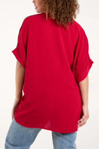 Oversized Short Sleeves Twist Front Cocoon Tunic Top in Red