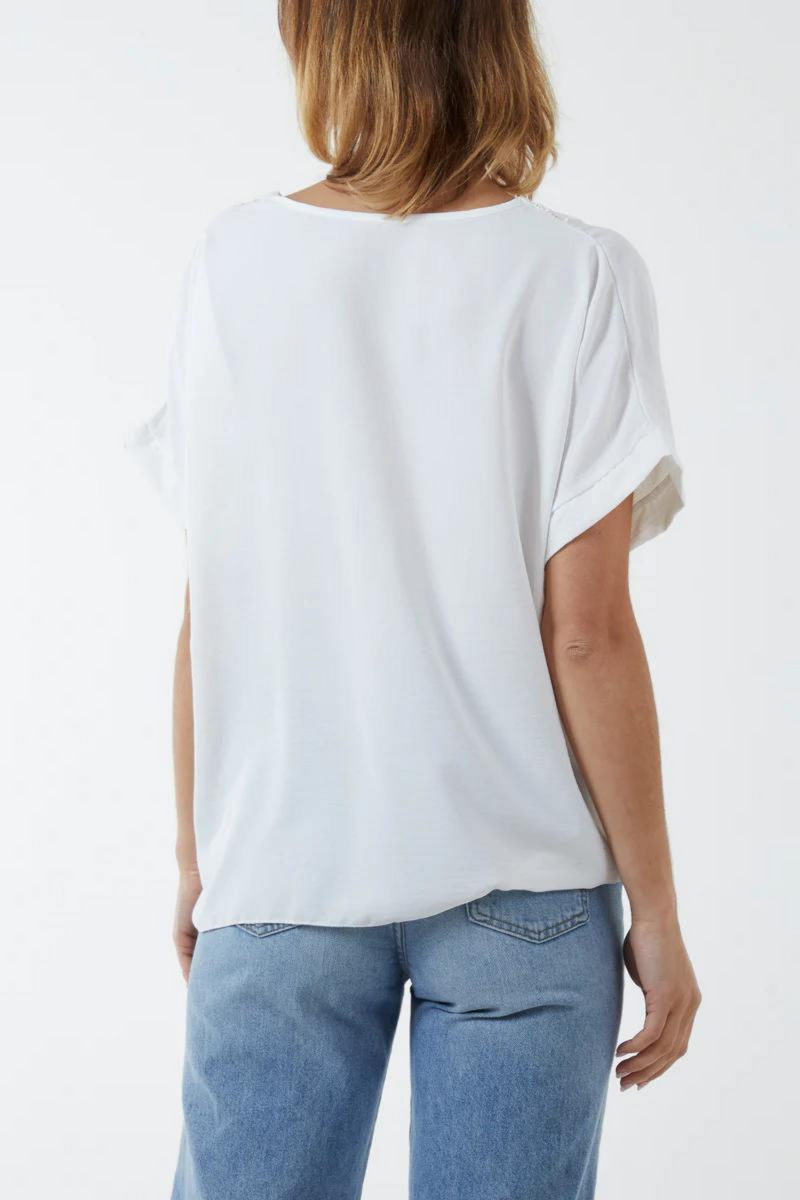 Oversized Short Sleeves Broderie and Sequin Detailed V Neck Blouse Top with Tie Detail in White