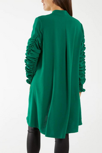 Relaxed Fit Shirred Long Sleeve Ruffle Detailed Shirt Tunic in Green