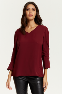 Long Sleeves Detailed Cuff Blouse with V Neck in Burgundy