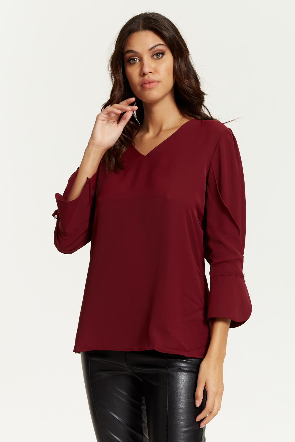 Long Sleeves Detailed Cuff Blouse with V Neck in Burgundy