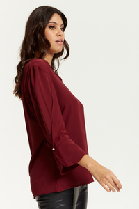 Long Sleeves Detailed Cuff Blouse with V Neck in Burgundy