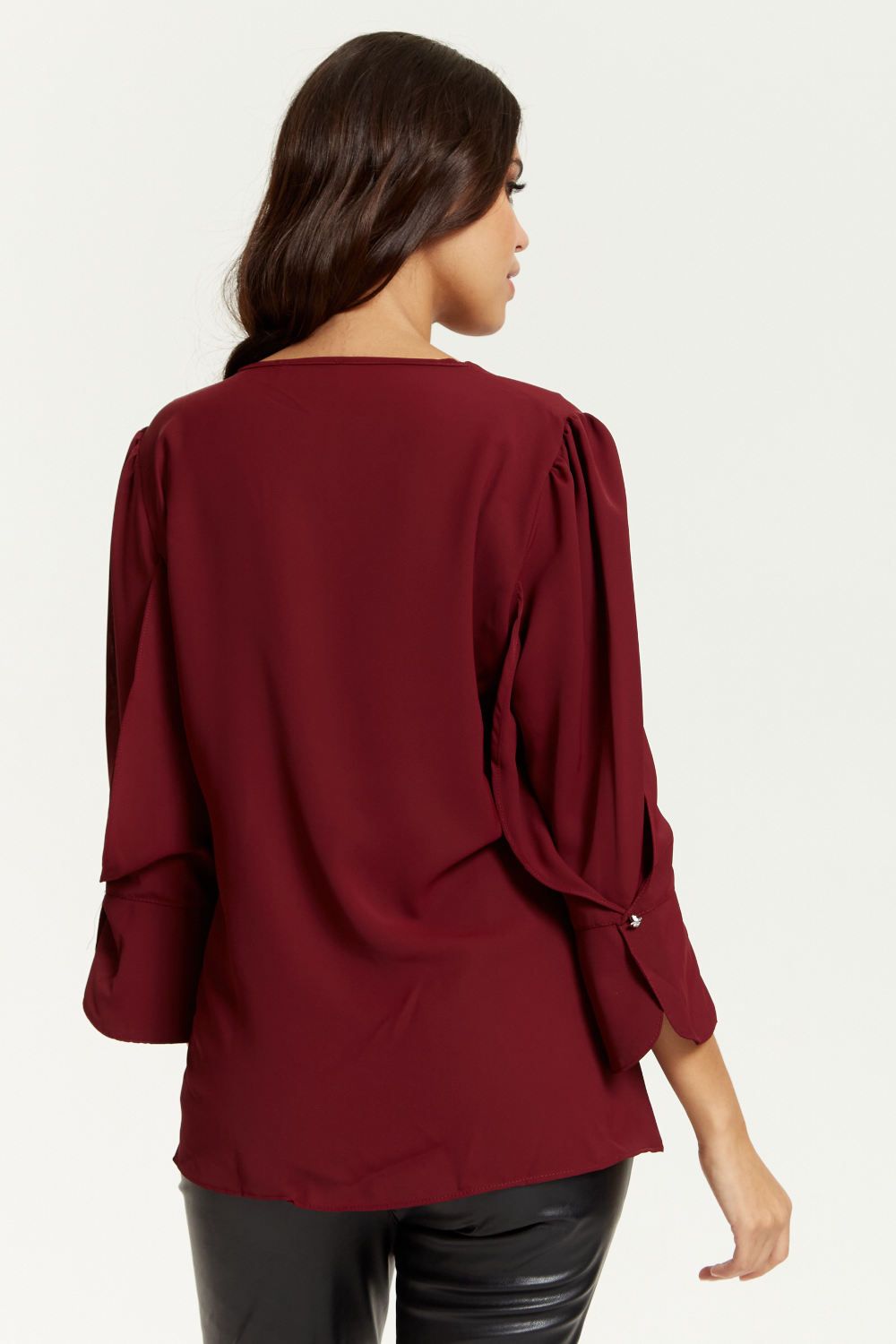 Long Sleeves Detailed Cuff Blouse with V Neck in Burgundy