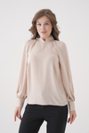 Relaxed Fit Long Sleeve Mock-Neck Blouse in Beige