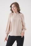 Relaxed Fit Long Sleeve Mock-Neck Blouse in Beige