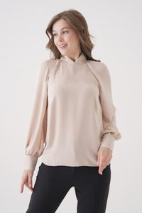 Relaxed Fit Long Sleeve Mock-Neck Blouse in Beige