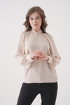 Relaxed Fit Long Sleeve Mock-Neck Blouse in Beige