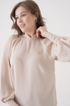 Relaxed Fit Long Sleeve Mock-Neck Blouse in Beige