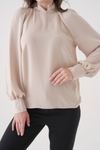 Relaxed Fit Long Sleeve Mock-Neck Blouse in Beige