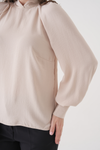Relaxed Fit Long Sleeve Mock-Neck Blouse in Beige