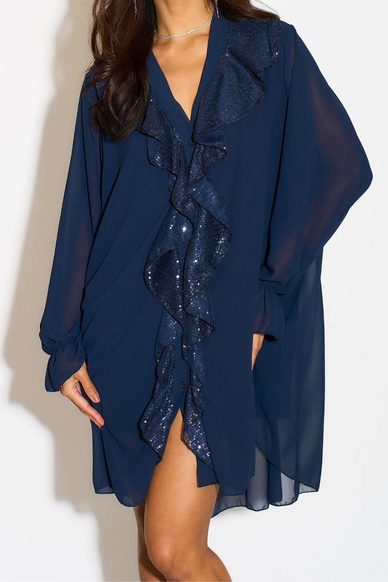 Oversized Sequin Mini Dress with Long Sleeves in Navy