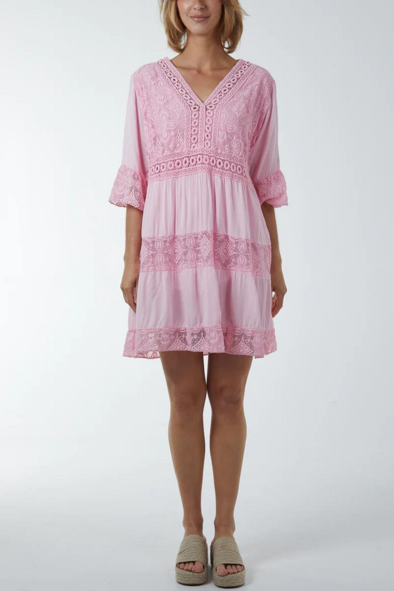 Oversized 3/4 Sleeves Lace Detailed V Neck Mini Dress in Pink