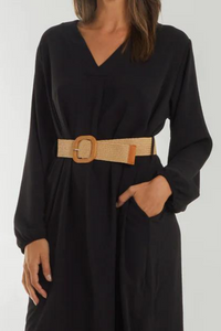 Loose Fit Long Sleeves V Neck Midi Dress with Matching Belt in Black