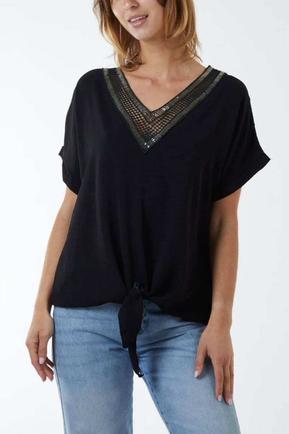 Oversized Short Sleeves Broderie and Sequin Detailed V Neck Blouse Top with Tie Detail in Black