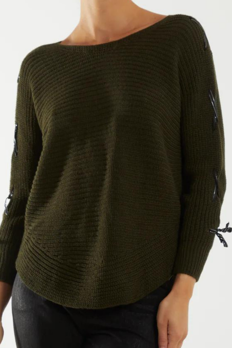 Oversized Knitted Long Sleeves Jumper with Ribbon Details in Khaki