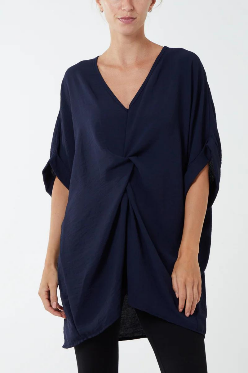 Oversized Short Sleeves Twist Front Cocoon Tunic Top in Navy