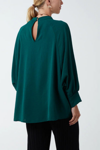 Oversized Batwing Long Sleeves Top with High Neck Detail in Green
