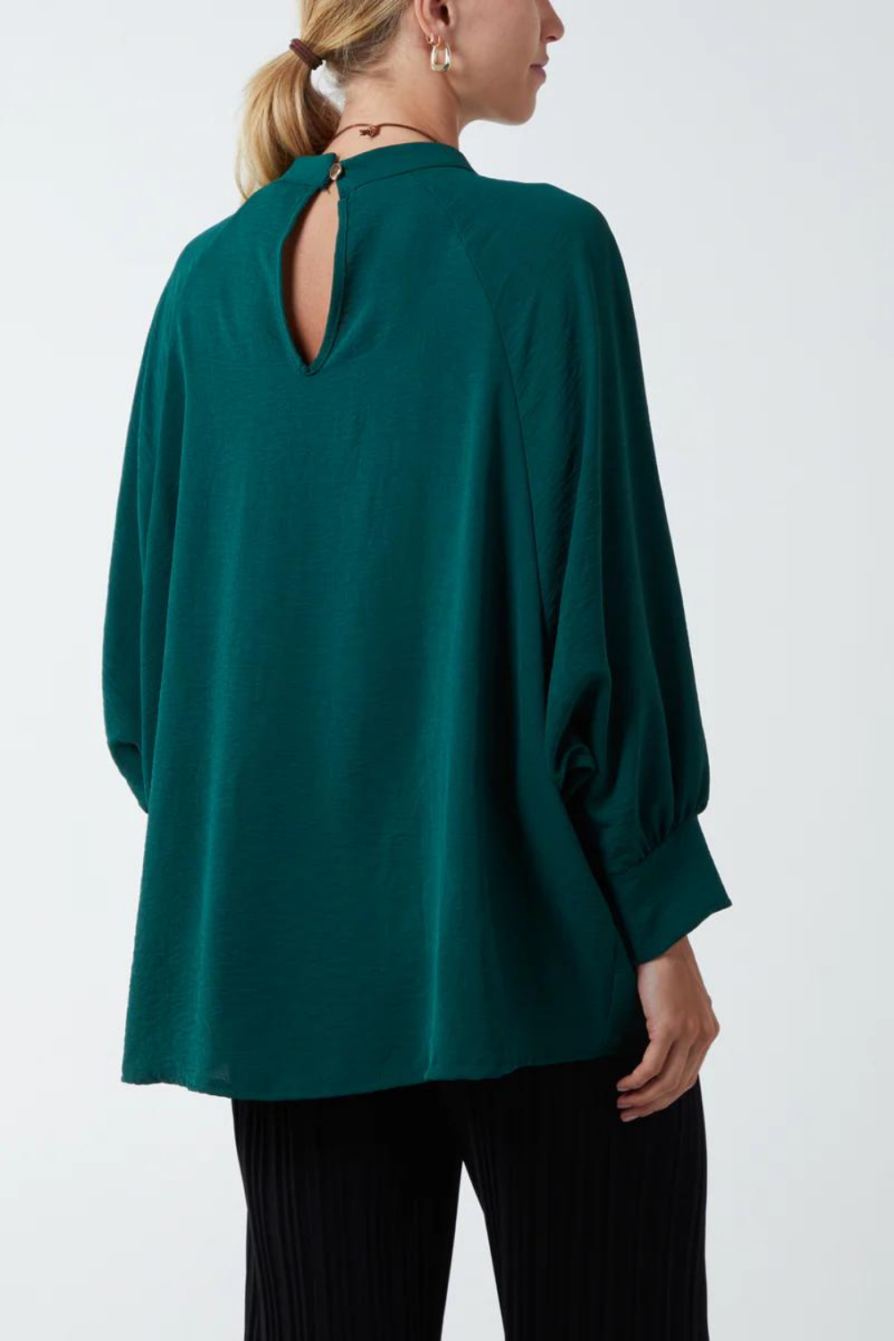 Oversized Batwing Long Sleeves Top with High Neck Detail in Green