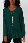 Oversized Long Sleeves Pleated Top with Tulle Details in Green with Necklace