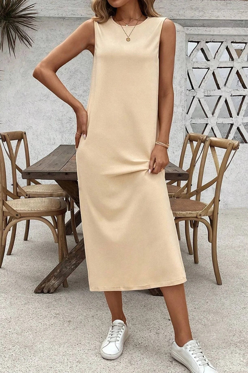 Beige 100% Cotton Jersey Sleeveless Dress