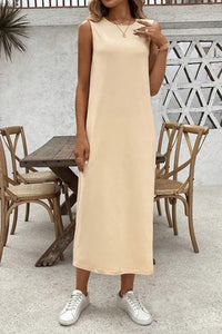 Beige 100% Cotton Jersey Sleeveless Dress