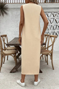 Beige 100% Cotton Jersey Sleeveless Dress