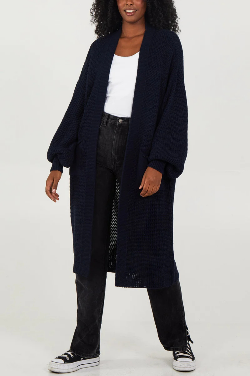 Oversized Long Sleeves Midi Knitted Cardigan with Pocket Details in Navy