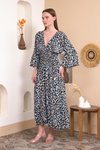 Oversized V Neck Detailed Leopard Print Maxi Dress in Blue