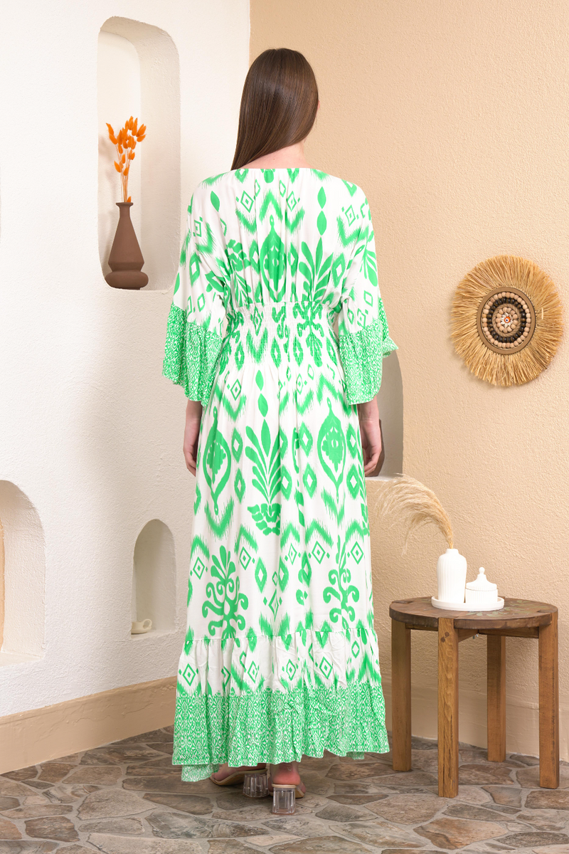 Oversized Flutter Sleeves Shirred Waist Geometrical Print V Neck Maxi Dress in Green and White
