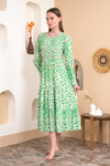 Relaxed Fit Round Neck Long Sleeves Leopard Printed Shirred Detailed Dress in Green