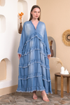 Oversized V Neck Long Sleeves Denim Dress with Layer Details in Blue